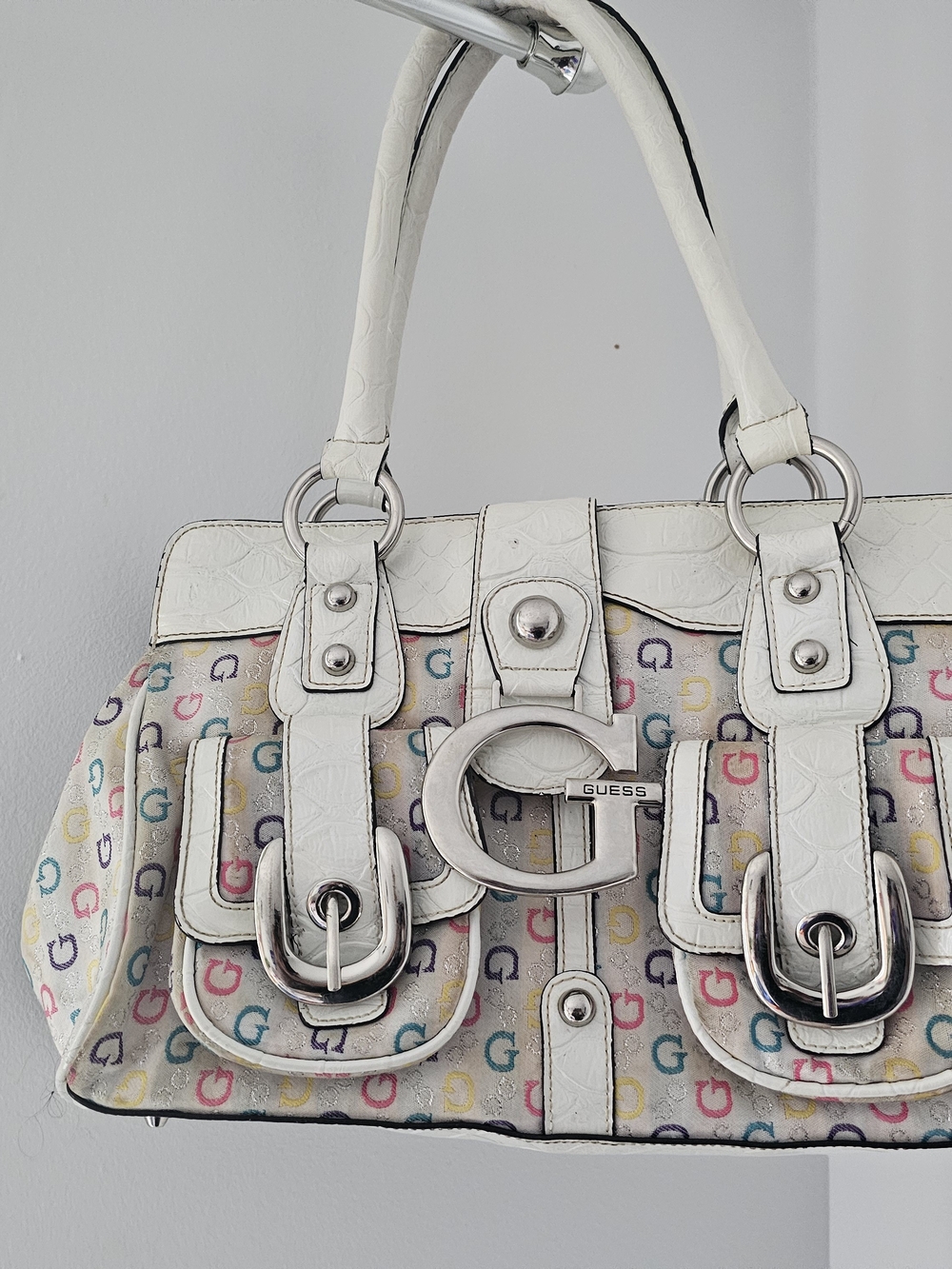 GUESS White Multicolor G-Print Satchel with Silver G Accent - Picture 6 of 8